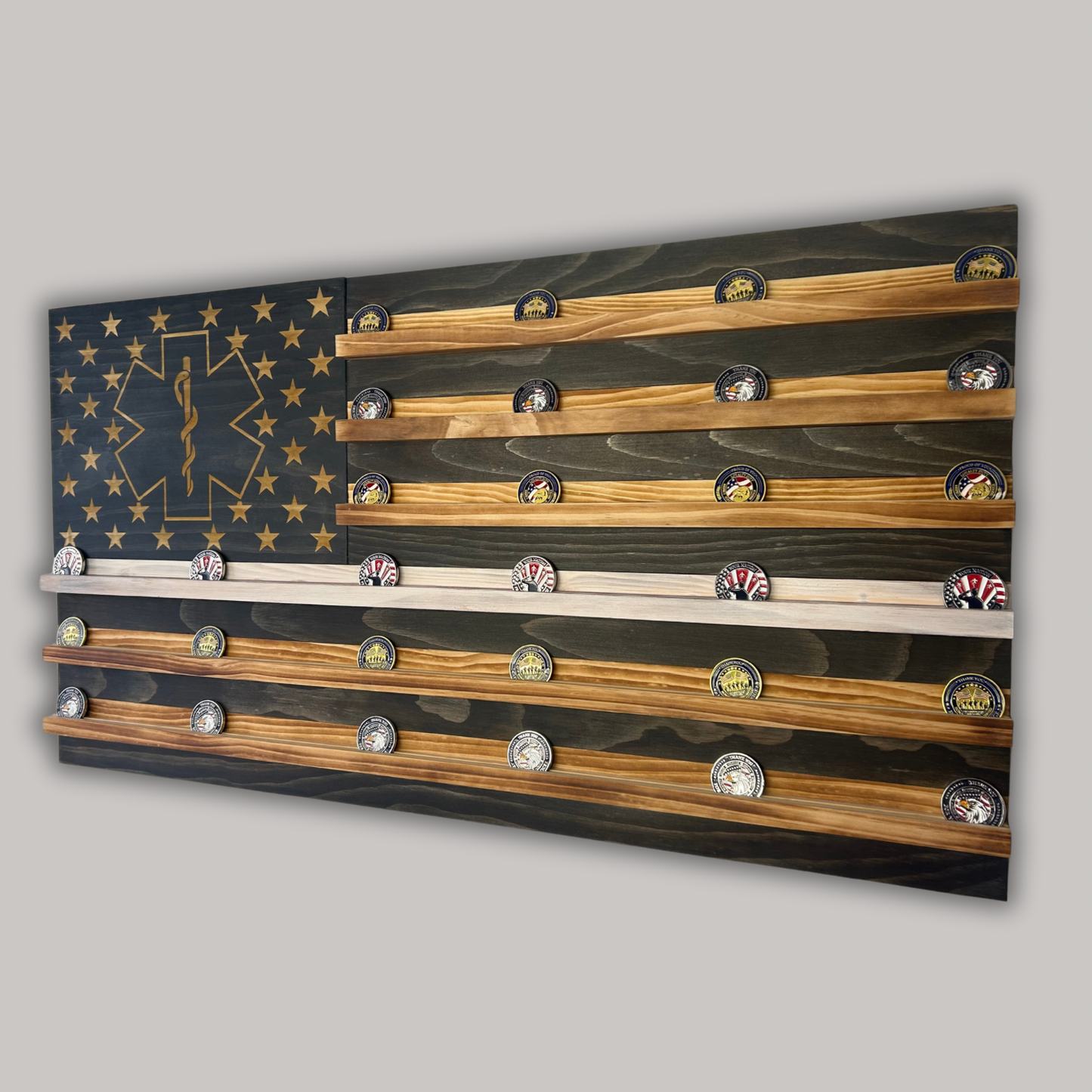 Wooden American Flag Challenge Coin Display 37x19" (EMS Logo)