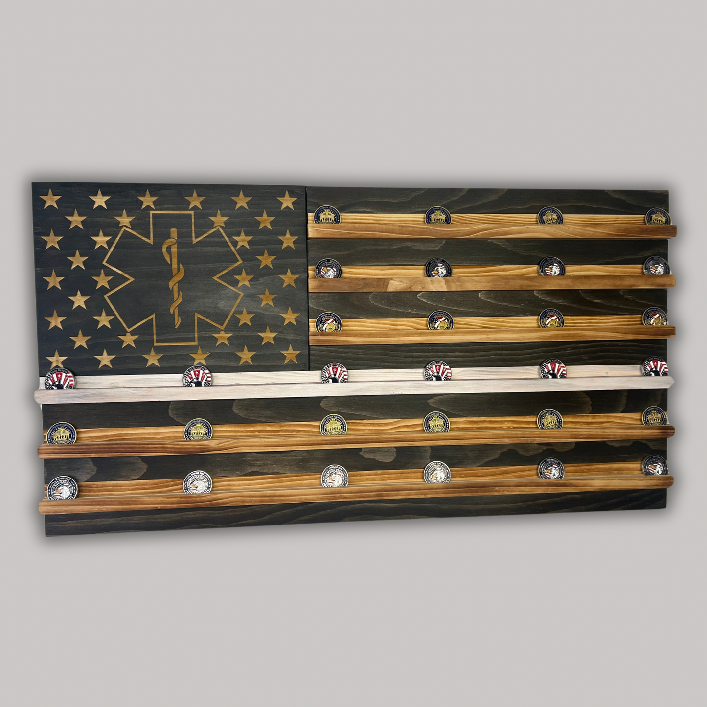 Wooden American Flag Challenge Coin Display 37x19" (EMS Logo)