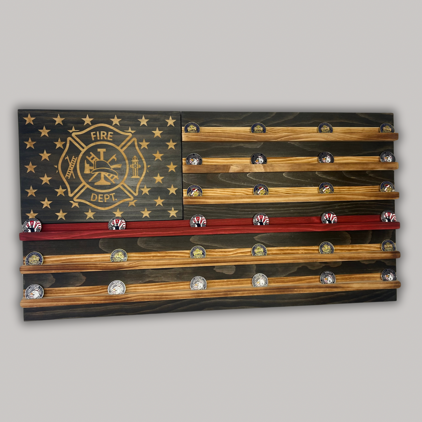 Wooden American Flag Challenge Coin Display 37x19" (Fire Department)