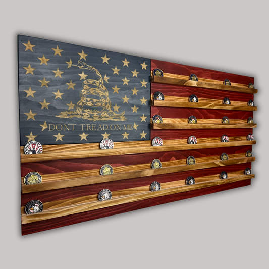 Wooden American Flag Challenge Coin Display 37x19" (Don't Tread On Me)
