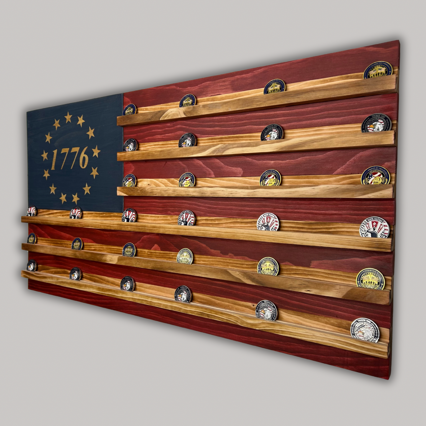 Wooden American Flag Challenge Coin Display 37x19" (1776)