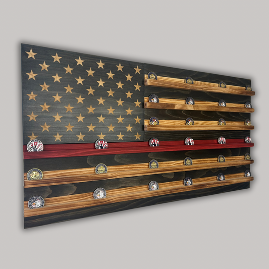 Wooden American Flag Challenge Coin Display 37x19" (Thin Red Line)