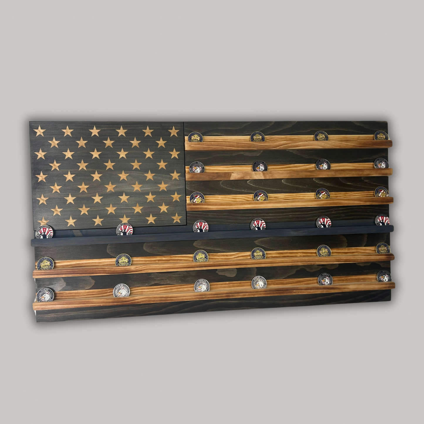Wooden American Flag Challenge Coin Display 37x19" (Thin Blue Line)
