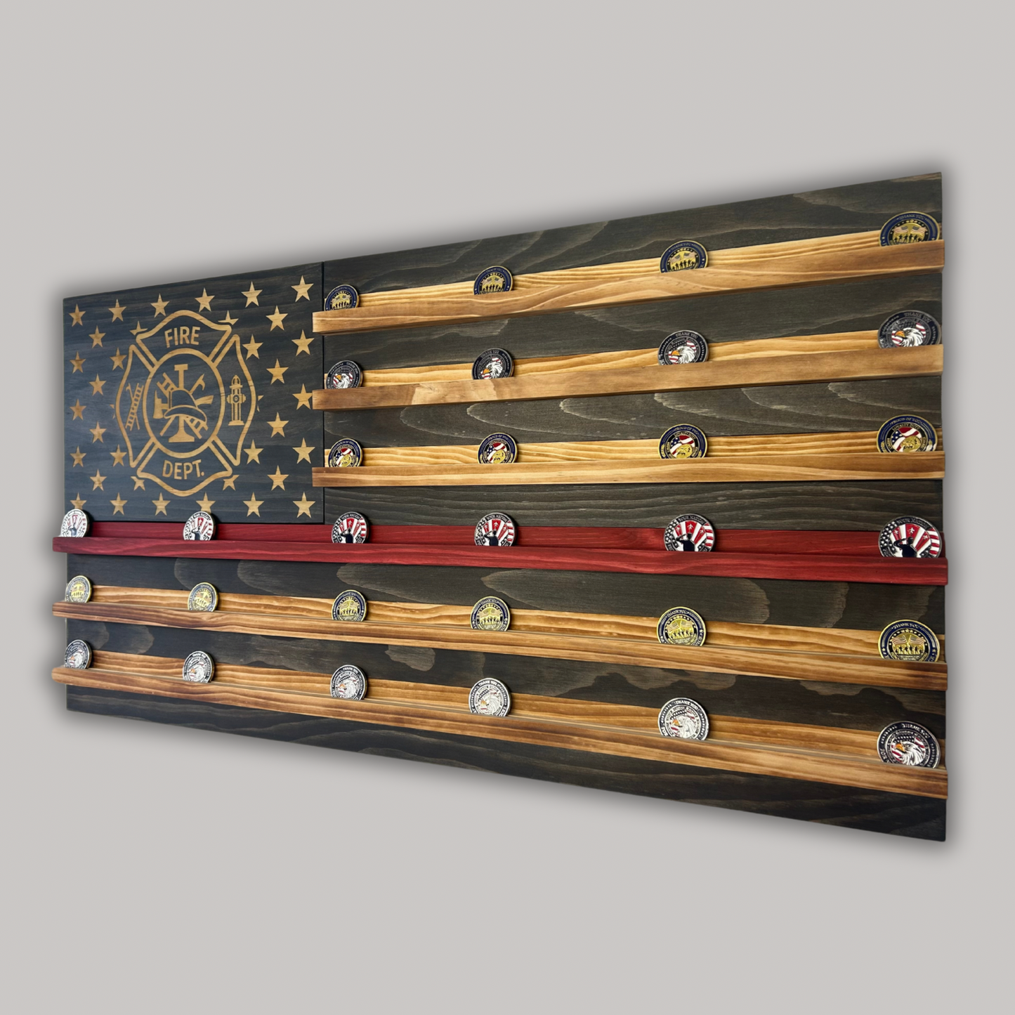 Wooden American Flag Challenge Coin Display 37x19" (Fire Department)