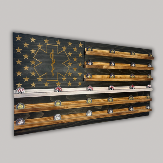 Wooden American Flag Challenge Coin Display 37x19" (EMS Logo)
