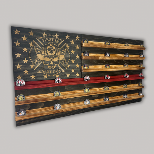 Wooden American Flag Challenge Coin Display 37x19" (First In Last Out)