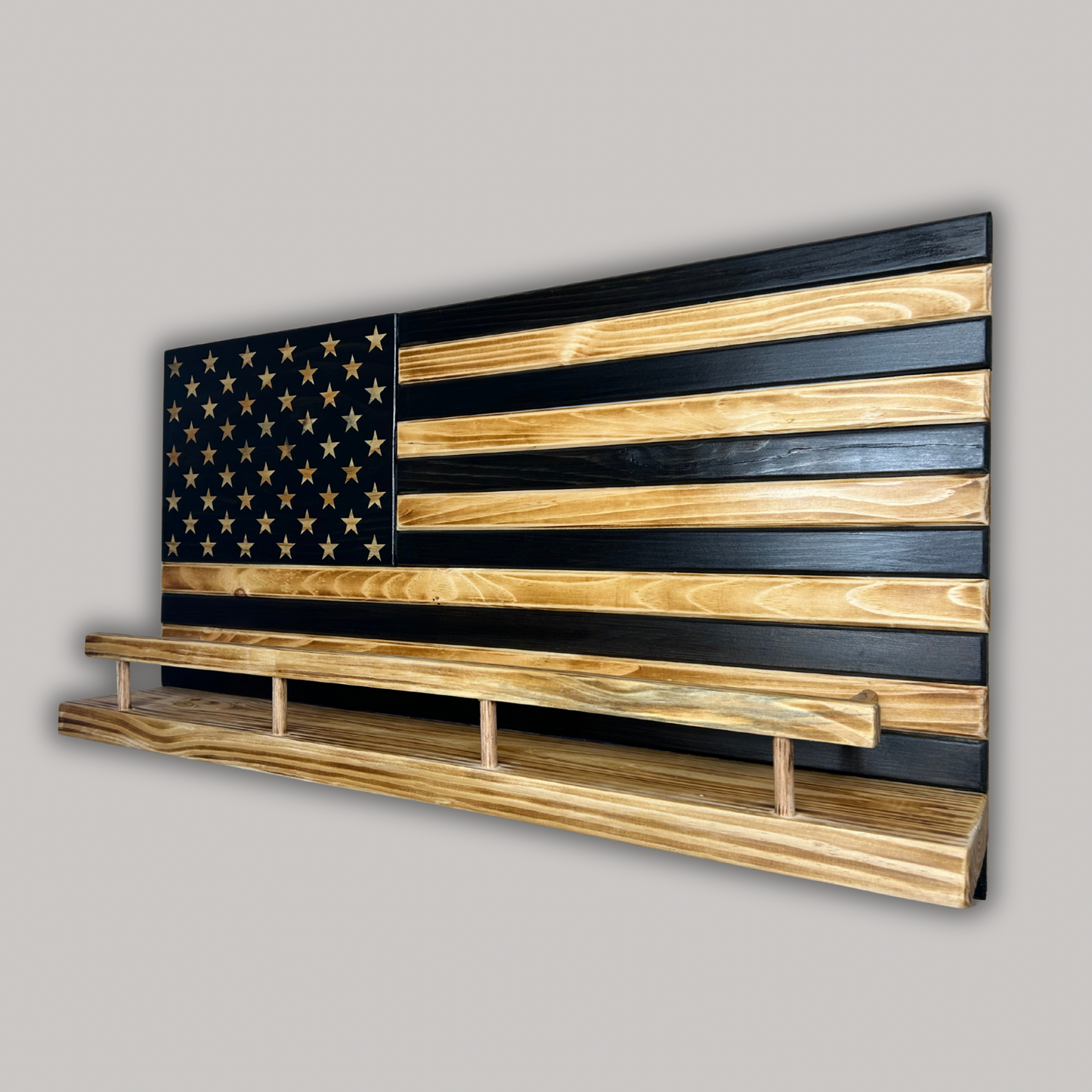 Rustic Wooden American Flag Liquor Shelf - Wine Rack - Trophy Case 37x19" (Black/White)