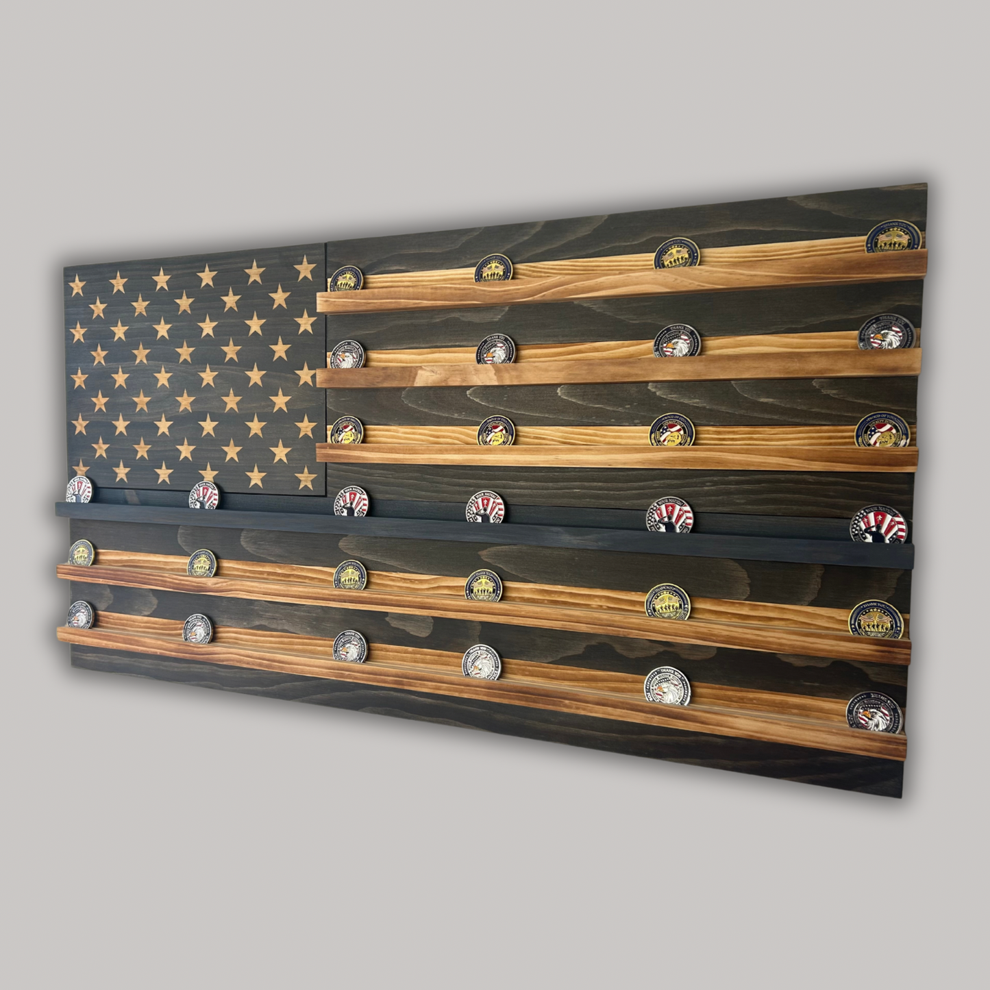 Wooden American Flag Challenge Coin Display 37x19" (Thin Blue Line)
