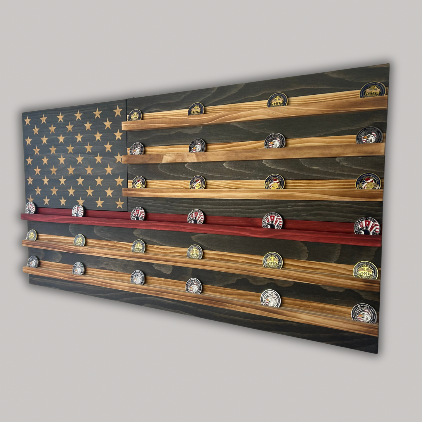 Wooden American Flag Challenge Coin Display 37x19" (Thin Red Line)