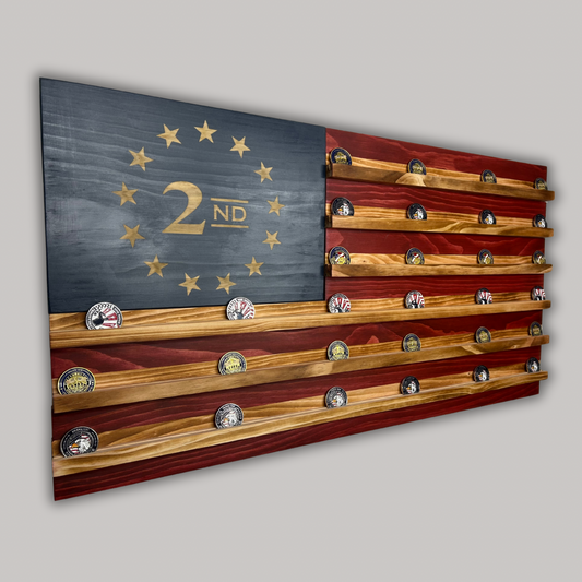 Wooden American Flag Challenge Coin Display 37x19" (2nd Amendment)
