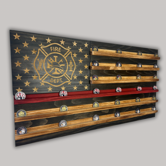 Wooden American Flag Challenge Coin Display 37x19" (Fire Department)