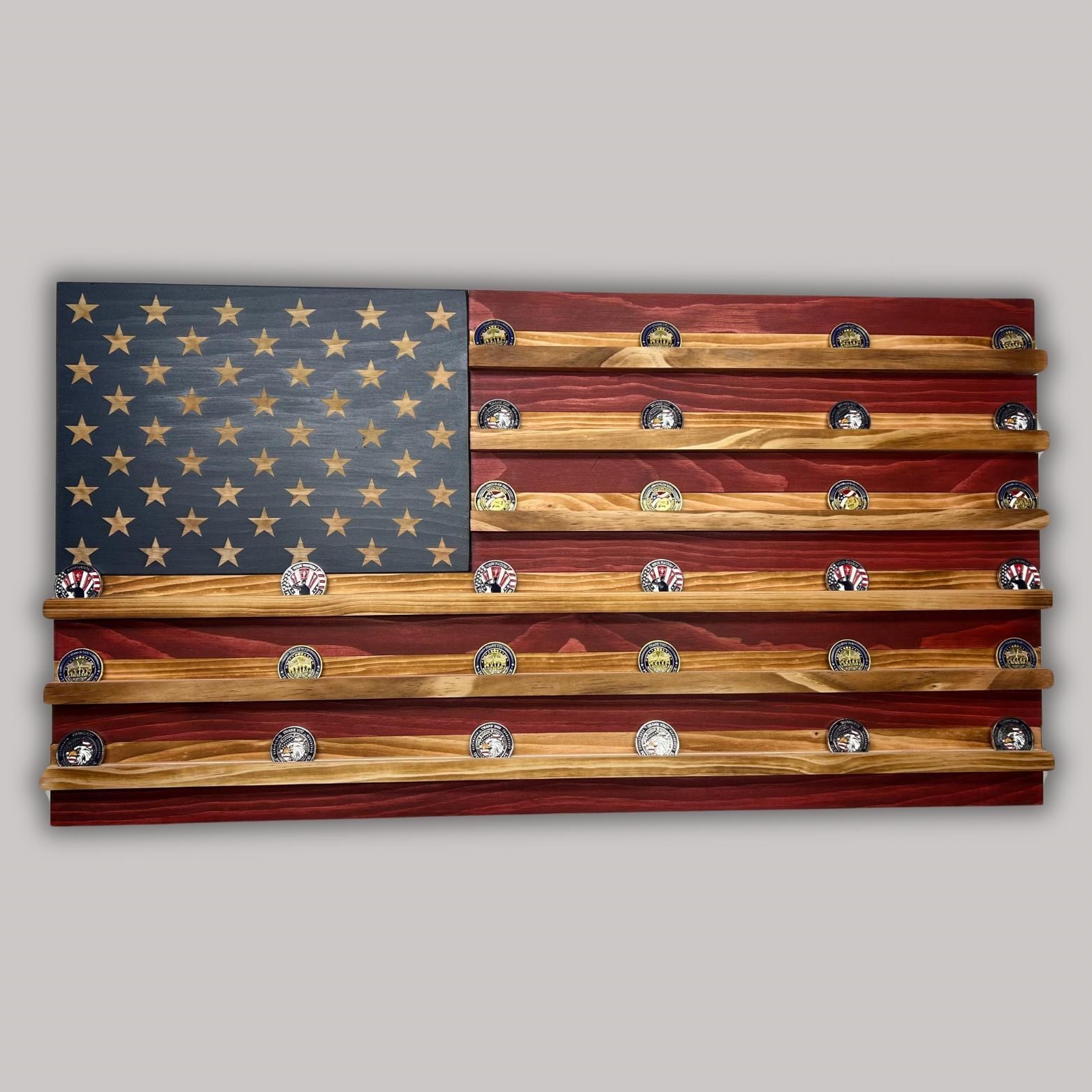 Unique Handcrafted Wooden American Flag Challenge Coin Display Rack Holder, Firefighter, Police, Military, Rustic Patriotic 36x19"