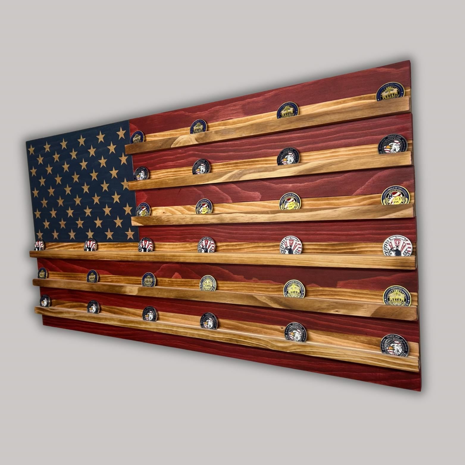 Unique Handcrafted Wooden American Flag Challenge Coin Display Rack Holder, Firefighter, Police, Military, Rustic Patriotic 36x19"