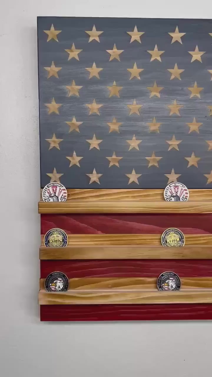 Handcrafted Wooden American Flag Challenge Coin Display Rack Holder, Firefighter, Police, Military, Rustic Patriotic 36x19”