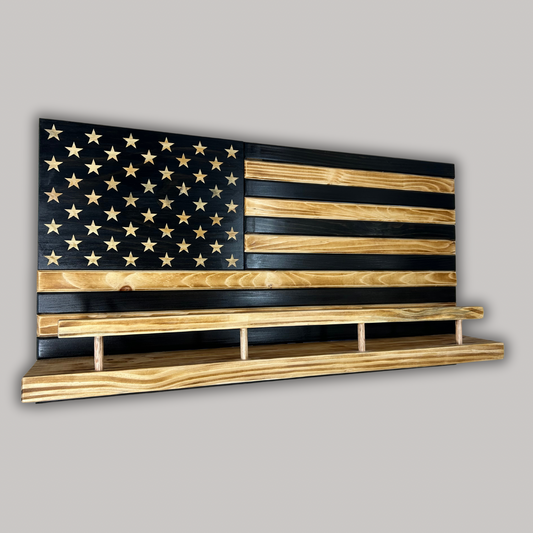 Rustic Wooden American Flag Liquor Shelf - Wine Rack - Trophy Case 37x19" (Black/White)