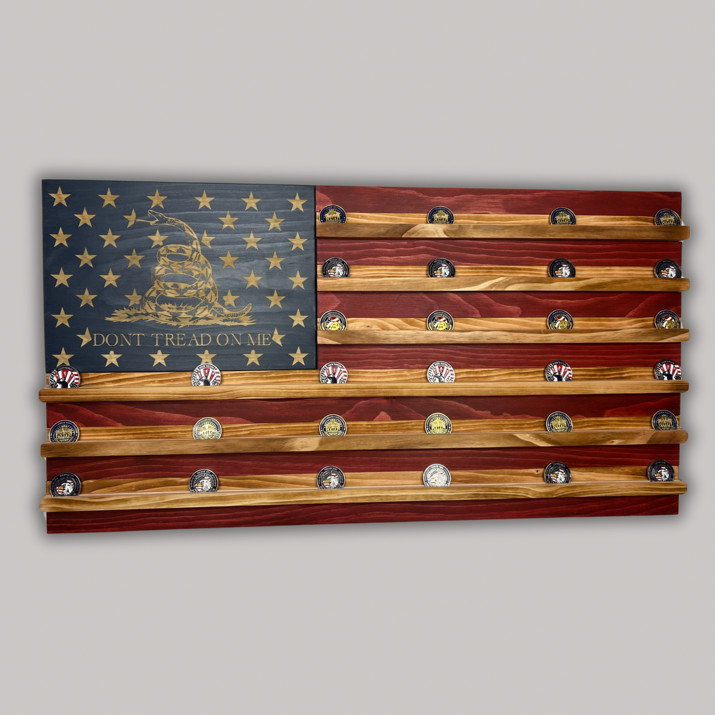 Wooden American Flag Challenge Coin Display 37x19" (Gadsden - Don't Tread On Me)