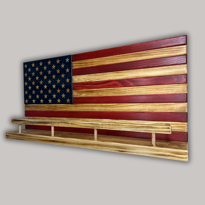 Rustic Wooden American Flag Liquor Shelf - Wine Rack - Trophy Case 37x19" (Red/White/Blue)