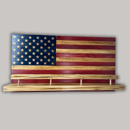 Rustic Wooden American Flag Liquor Shelf - Wine Rack - Trophy Case 37x19" (Red/White/Blue)