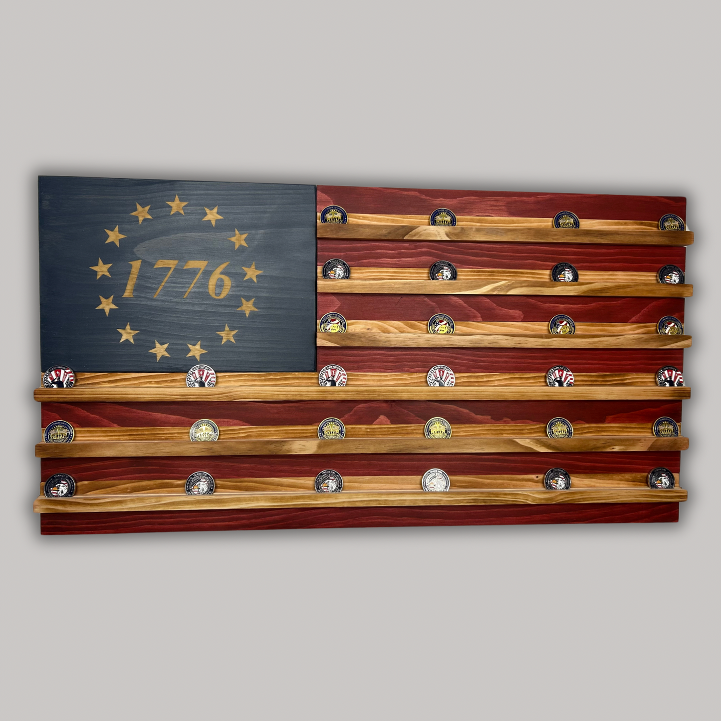 Wooden American Flag Challenge Coin Display 37x19" (Betsy Ross 1776)