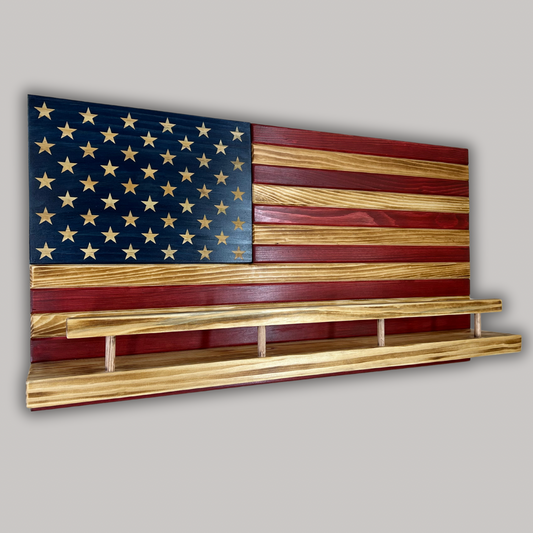 Rustic Wooden American Flag Liquor Shelf - Wine Rack - Trophy Case 37x19" (Red/White/Blue)