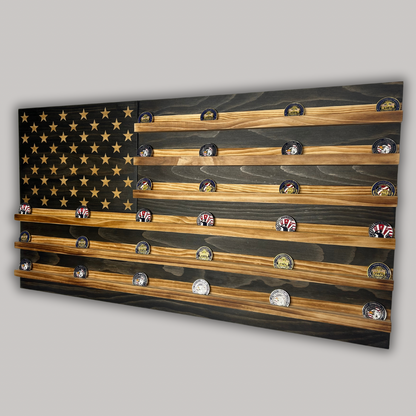 Wooden American Flag Challenge Coin Display 37x19" (Black/White)