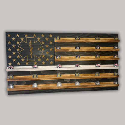 Wooden American Flag Challenge Coin Display 37x19" (EMS Logo)