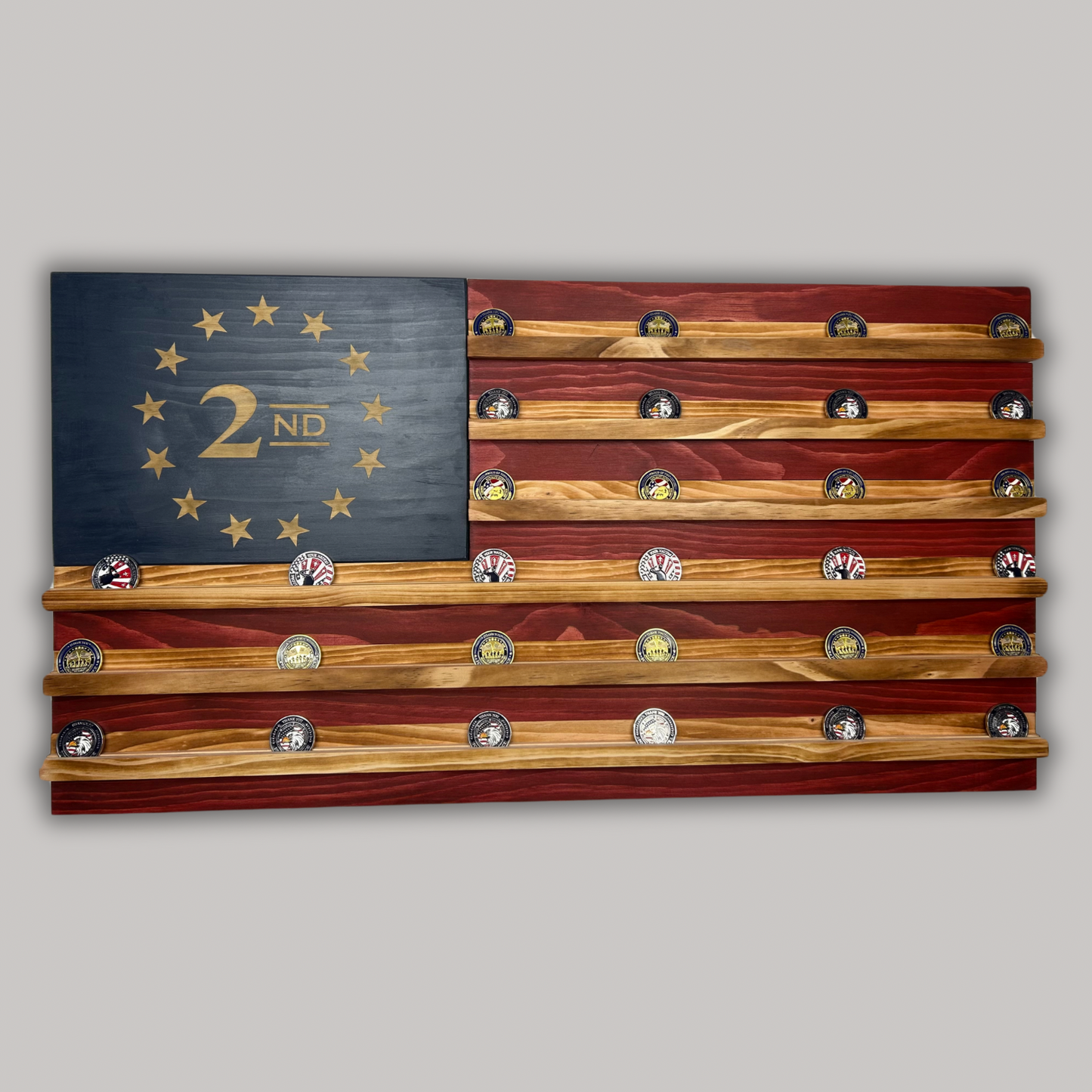 Wooden American Flag Challenge Coin Display 37x19" (2nd Amendment)