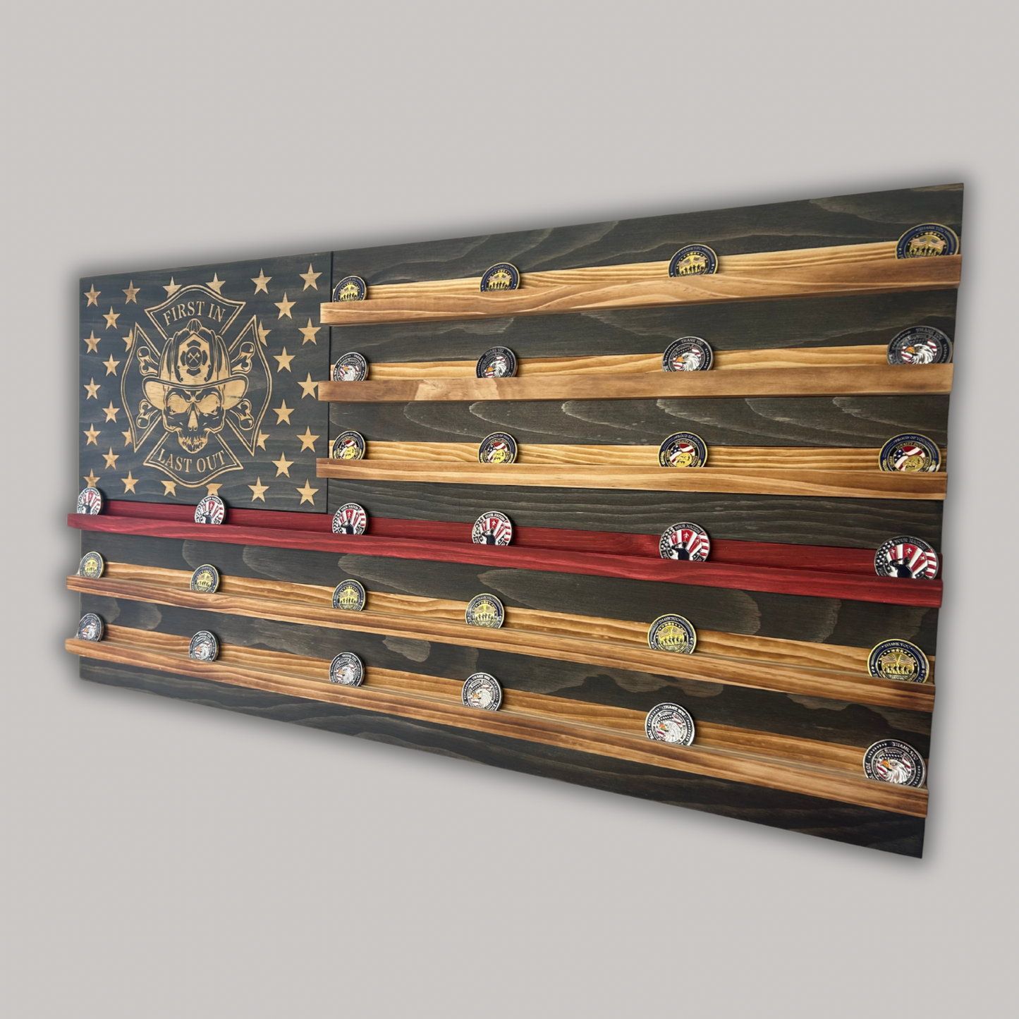 Wooden American Flag Challenge Coin Display 37x19" (First In Last Out)