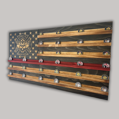 Wooden American Flag Challenge Coin Display 37x19" (First In Last Out)
