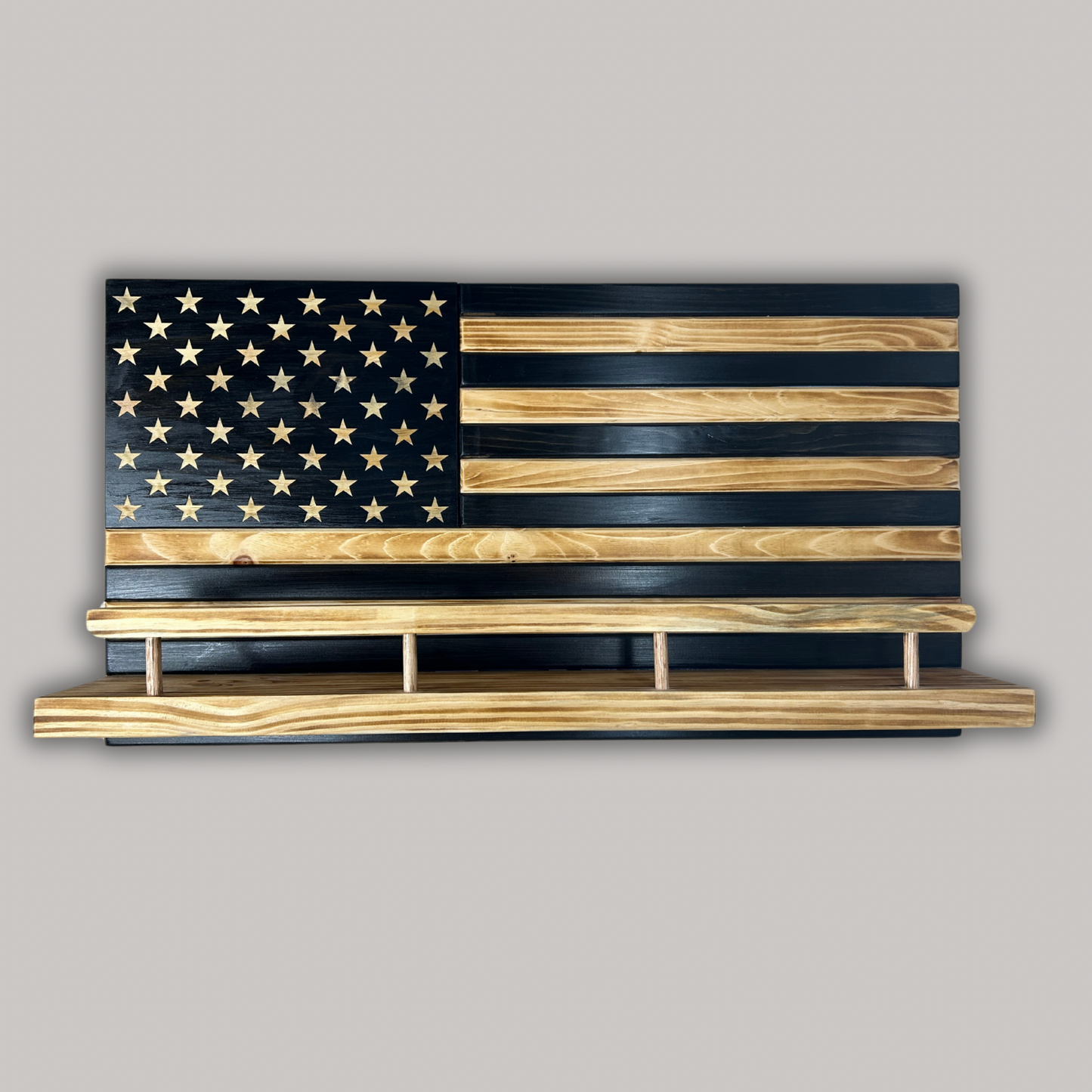 Rustic Wooden American Flag Liquor Shelf - Wine Rack - Trophy Case 37x19" (Black/White)