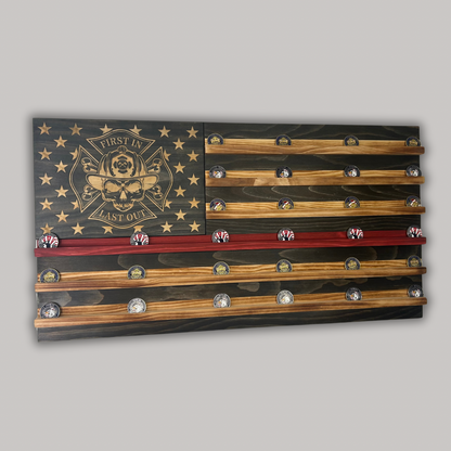 Wooden American Flag Challenge Coin Display 37x19" (First In Last Out)