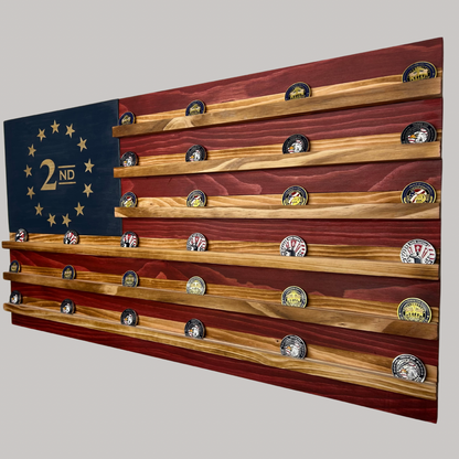 Wooden American Flag Challenge Coin Display 37x19" (2nd Amendment)