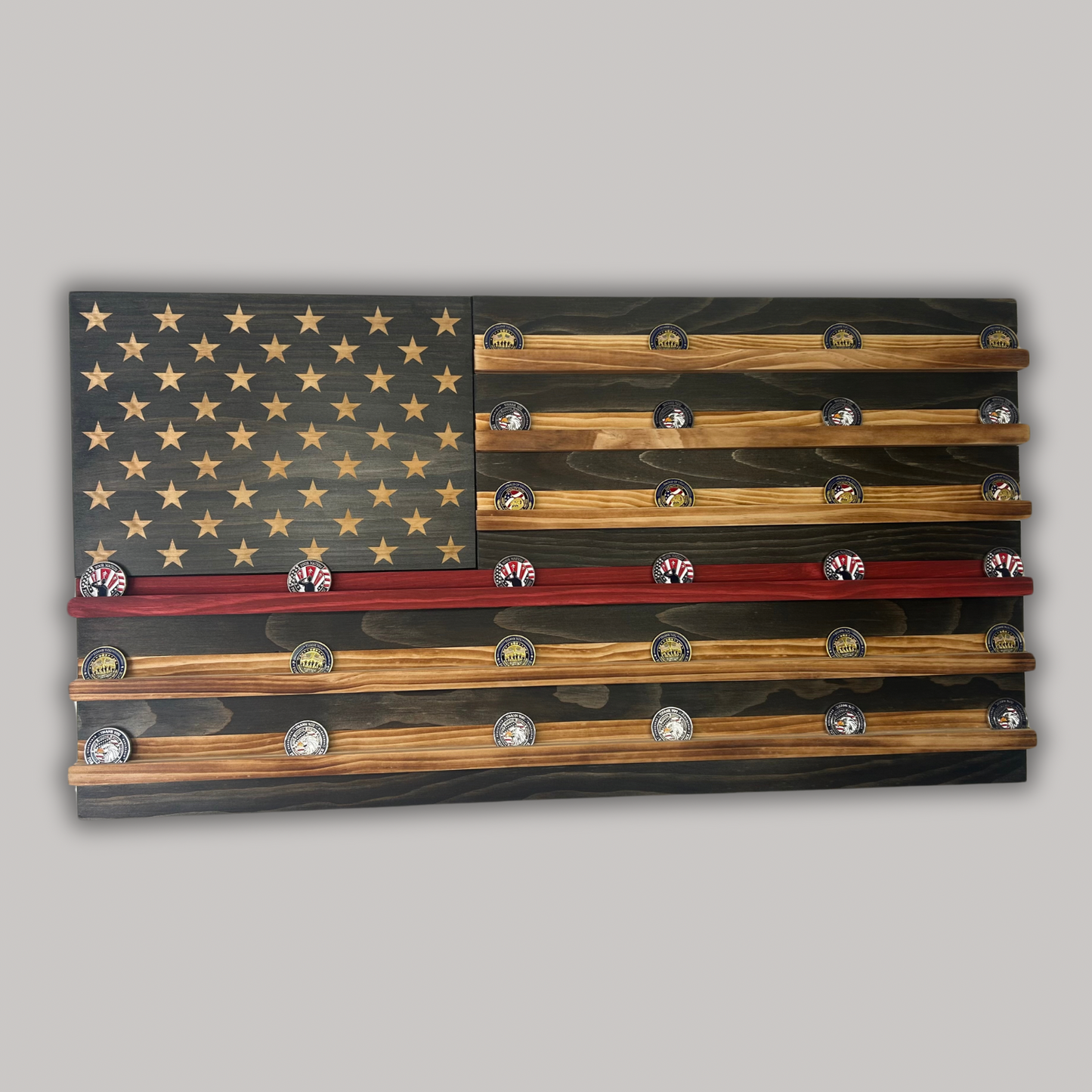 Wooden American Flag Challenge Coin Display 37x19" (Thin Red Line)