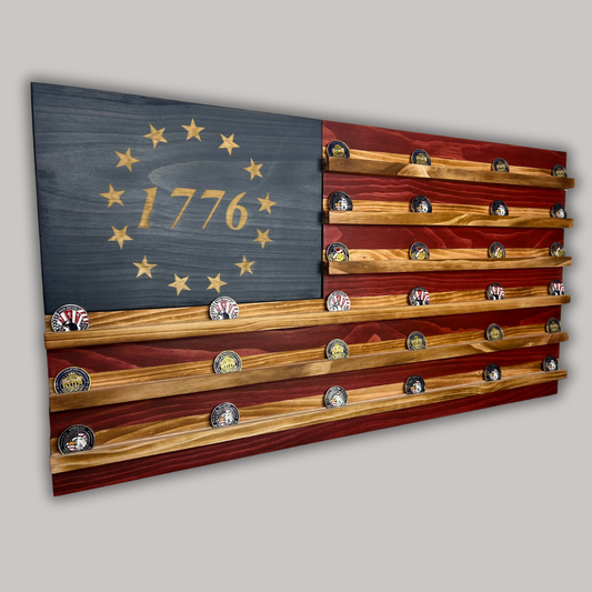 Wooden American Flag Challenge Coin Display 37x19" (Betsy Ross 1776)