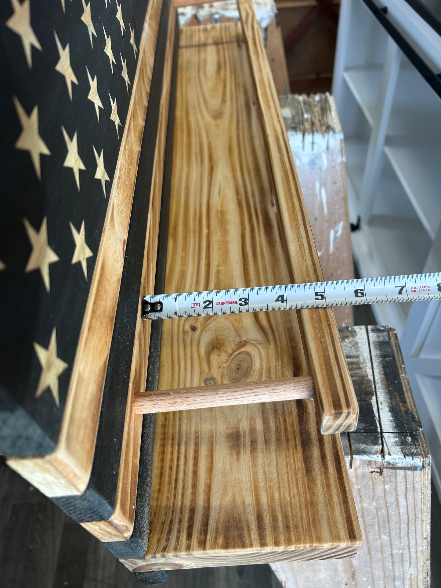 Rustic Wooden American Flag Liquor Shelf - Wine Rack - Trophy Case 37x19" (Red/White/Blue)