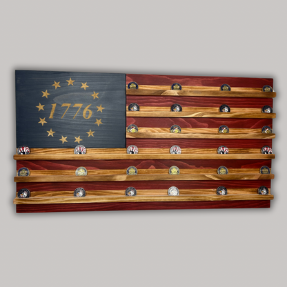 Wooden American Flag Challenge Coin Display 37x19" (1776)