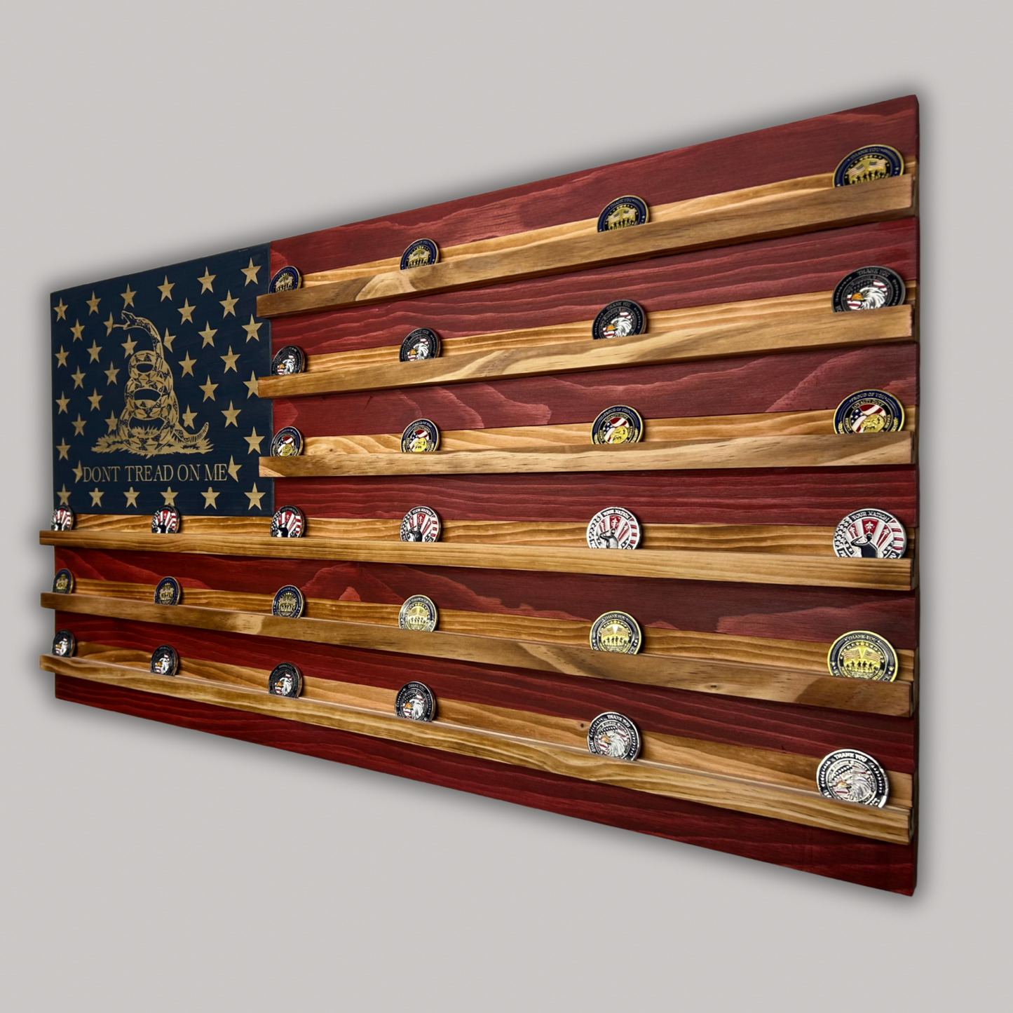 Wooden American Flag Challenge Coin Display 37x19" (Gadsden - Don't Tread On Me)