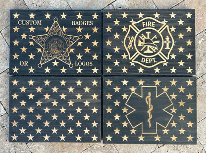 Unique Handcrafted Wooden American Flag Challenge Coin Display Rack Holder, Firefighter, Police, Military, Rustic Patriotic 36x19"