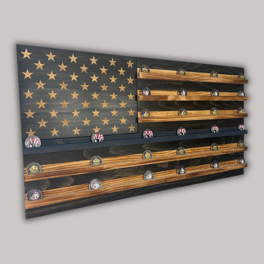 Unique Handcrafted Wooden American Flag Challenge Coin Display With Thin Blue Stripe, Rustic Patriotic, Police Officer Gift, 36x19"