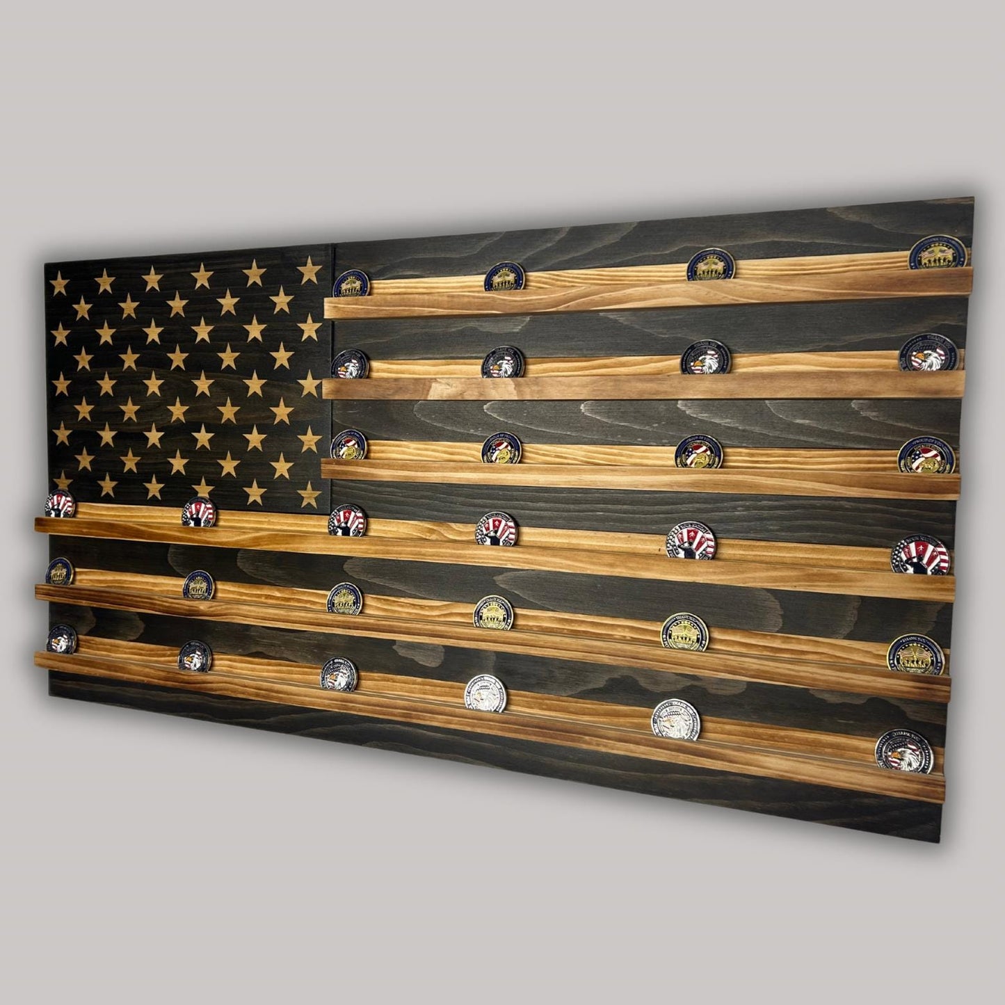 Unique Handcrafted Wooden American Flag Challenge Coin Display Rack Holder, Firefighter, Police, Military, Rustic Patriotic 36x19"