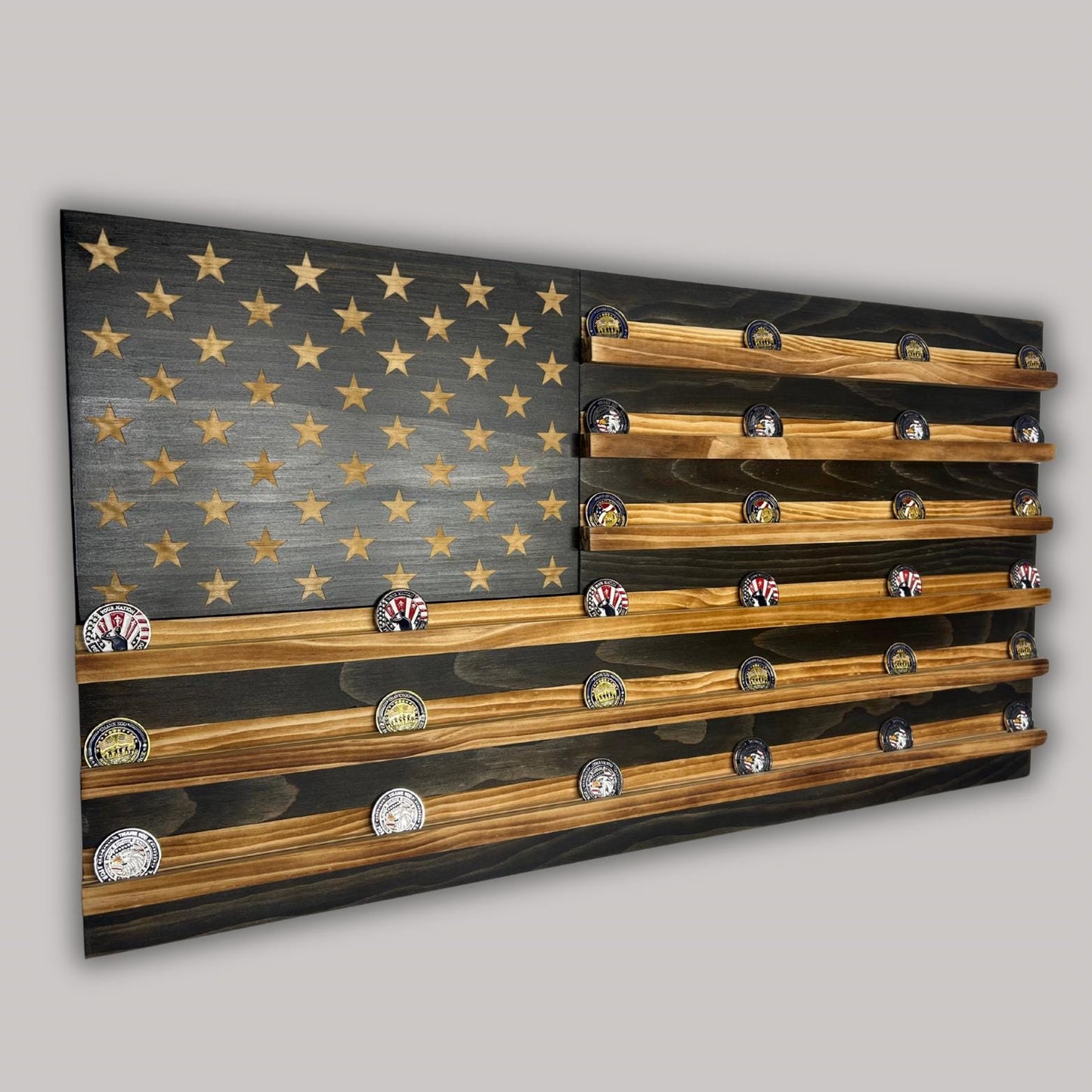 Unique Handcrafted Wooden American Flag Challenge Coin Display Rack Holder, Firefighter, Police, Military, Rustic Patriotic 36x19"