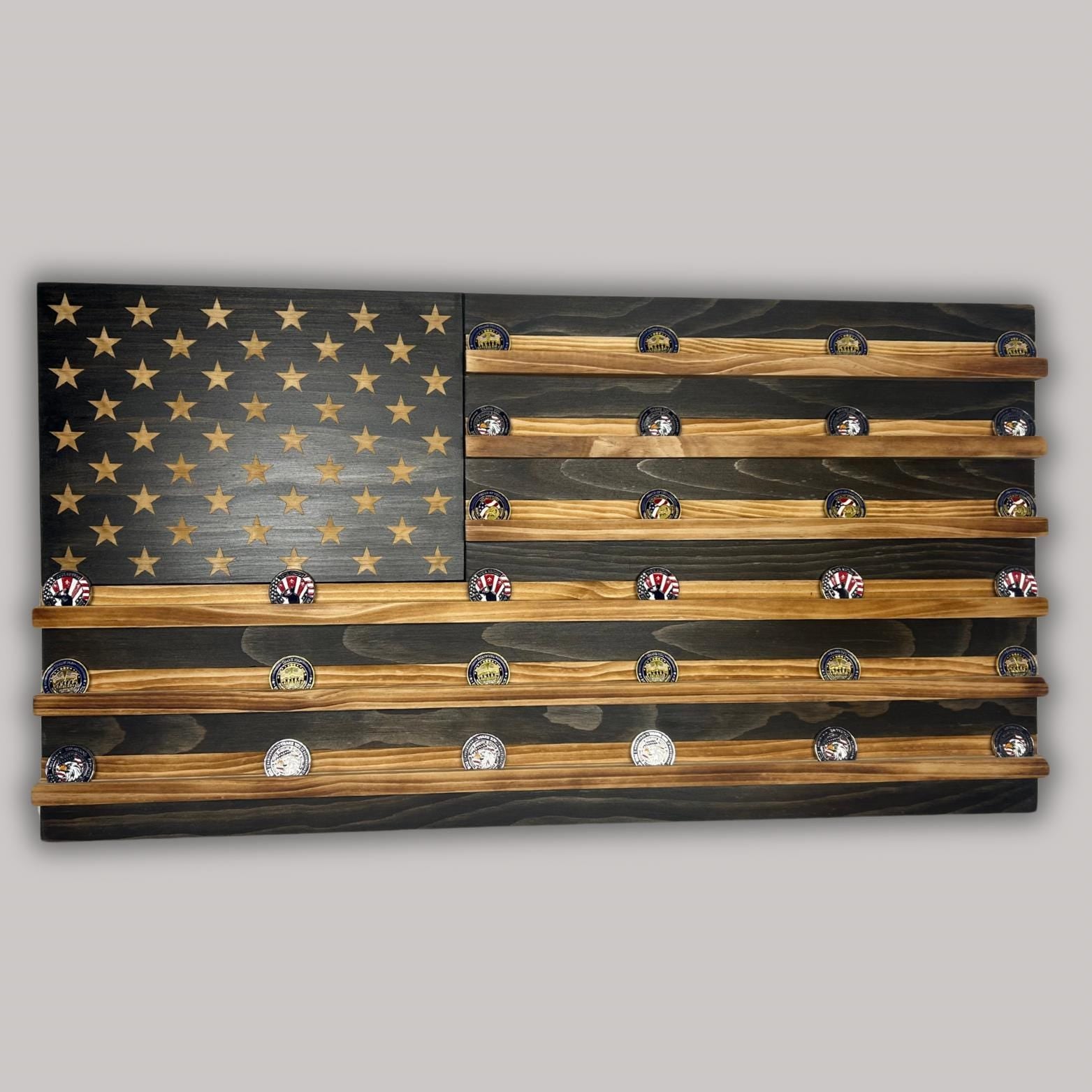 Unique Handcrafted Wooden American Flag Challenge Coin Display Rack Holder, Firefighter, Police, Military, Rustic Patriotic 36x19"