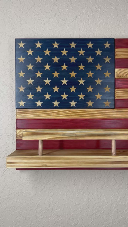 Rustic Wooden American Flag Liquor Shelf - Wine Rack - Trophy Case 37x19" (Red/White/Blue)