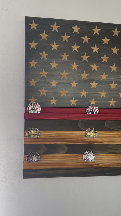 Wooden American Flag Challenge Coin Display 37x19" (Thin Red Line)