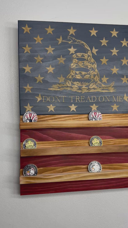 Wooden American Flag Challenge Coin Display 37x19" (Don't Tread On Me)