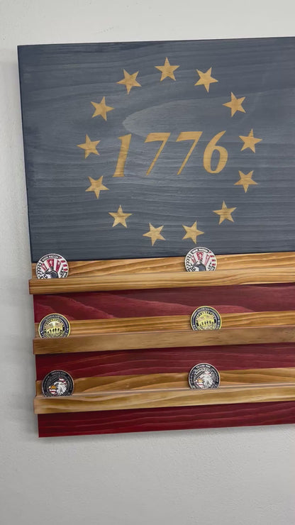Wooden American Flag Challenge Coin Display 37x19" (1776)