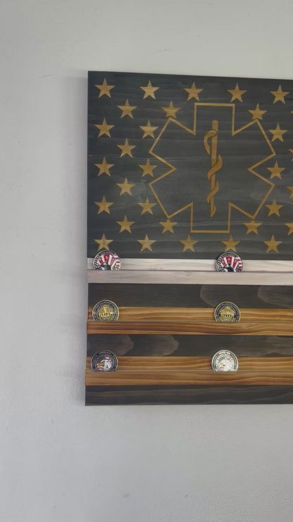 Wooden American Flag Challenge Coin Display 37x19" (EMS Logo)