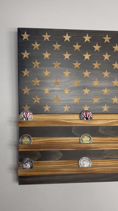 Wooden American Flag Challenge Coin Display 37x19" (Black/White)