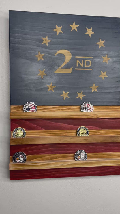 Wooden American Flag Challenge Coin Display 37x19" (2nd Amendment)