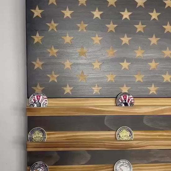 Unique Handcrafted Wooden American Flag Challenge Coin Display Rack Holder, Firefighter, Police, Military, Rustic Patriotic 36x19"